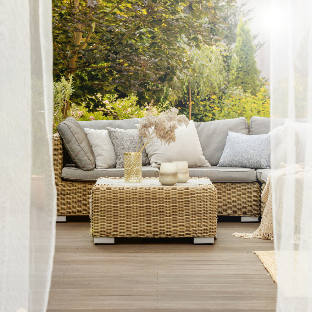 image of outdoor patio furniture on a warm spring day for newsletter buying or selling in spring